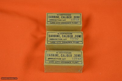 Lake City Ordnance Plant 30 Carbine Ammo, Trapezoid Shaped Unopened boxes 50 rounds/box, Lot# 12757, Price is PER BOX, Several boxes available