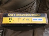 COLT DIAMONBACK 22 LR. 4” BRIGHT NICKEL, MFG. 1969, NEW UNFIRED, UNTURNED, 100% COND. - 2 of 7