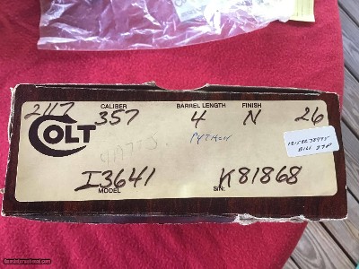 COLT PYTHON 357 MAGNUM, 4” BRIGHT NICKEL, MFG. 1982, NEW UNFIRED, UNTURNED, 100% COND. IN THE ORIGINAL BOX - Image 4 of 4