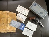 SMITH & WESSON 34-1 22/32, 4” BRIGHT NICKEL 22 LR. KIT GUN, EXC. COND. IN THE BOX - 1 of 6