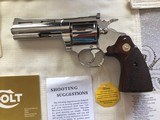 COLT DIAMONDBACK 38 SPC., 4” BRIGHT NICKEL, MFG. 1973, NEW UNFIRED, UNTURNED, NO TURN RING,100% COND. IN THE BOX - 4 of 5