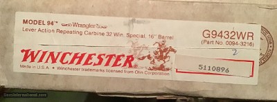 WINCHESTER 94 WRANGLER BIG LOOP CARBINE 16” BARREL, 32 SPC. CAL. COWBOY SCENES ENGRAVED ON BOTH SIDES OF THE RECEIVER, NEW UNFIRED IN THE BOX - Image 8 of 8