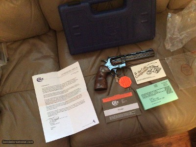 COLT PYTHON “ELITE” 357 MAGNUM, 6” ROYAL BLUE, NEW UNFIRED, UNTURNED IN THE BOX WITH OWNERS MANUAL, HANG TAG, COLT LETTER, ETC.