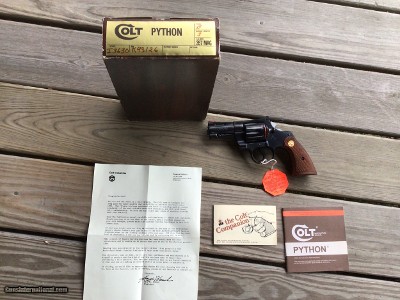COLT PYTHON 357 MAGNUM, 3” BARREL, MFG. 1982, WILL LETTER, APPEARS UNFIRED, IN THE BOX WITH OWNERS MANUAL, HANG TAG & COLT LETTER