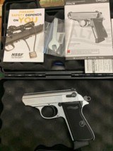 WALTHER PPK/S, 22 LR. RARE NICKEL FINISH, MFG. IIN GERMANY, LIKE NEW IN THE BOX WITH OWNERS MANUAL, ETC. - 1 of 5