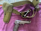 SOLD —— BERETTA M9, 9MM CAL., US. MFG. FOR THE US. MILITARY, US STAMPED ON THE FRA MILITARY ISSUED WEB BELT/ HOLSTER & MAGAZINE POUCH & 3 MAG’S, - 1 of 5
