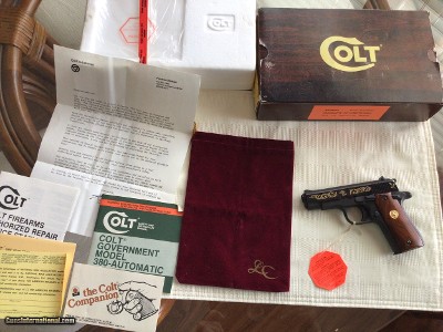 COLT GOVERNMENT 380 CAL. “LADY COLT” NEW UNFIRED IN THE BOX WITH “LADY COLT” MAROON BAG, HANG TAG, OWNERS MANUAL, COLT LETTER