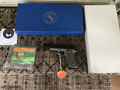 COLT SERIES 70 NATIONAL MATCH 45 ACP,
“ONE OF 50” MFG IN THE COLT CUSTOM SHOP, STAINLESS. FRAME, BLUE SLIDE, FRONT NIGHT SIGHT