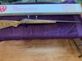 RUGER 77, 22 HORNET CAL., 24” TARGET, GRAY STAINLESS, ALL WEATHER, LIKE NEW IN THE BOX WITH RINGS - 1 of 5
