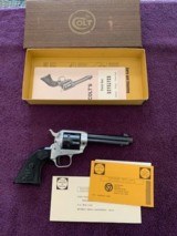 COLT FRONTIER SCOUT DUOTONE, 22 LR.
4 3/4” BARREL, MFG. 1964, LIKE NEW IN THE BOX WITH OWNERS MANUAL & WARRANTY CARD - 1 of 5