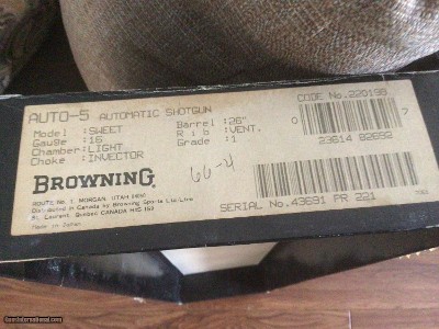 BROWNING A-5 SWEET-16, 26” INVECTOR, NEW UNFIRED IN THE BOX WITH OWNERS MANUAL & 3 CHOKE TUBES & WRENCH - Image 4 of 4