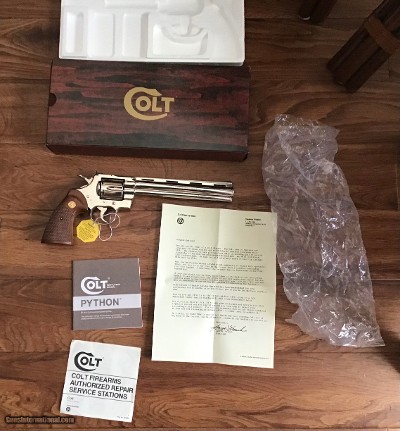 COLT PYTHON 357 MAGNUM “RARE 8” NICKEL BARREL” NEW IN THE BOX WITH OWNERS MANUAL, HANG TAG, COLT LETTER, ETC. MFG. 1980