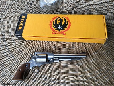 RUGER OLD ARMY STAINLESS 45 CAL. 7 1/2” BARREL, MUZZLE LOADER, APPEARS UNFIRED IN THE BOX