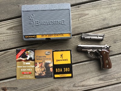 BROWNING BDA 380 CAL, NICKEL NEW UNFIRED IN THE BOX WITH OWNERS MANUAL, EXTRA 13 ROUND MAGAZINE