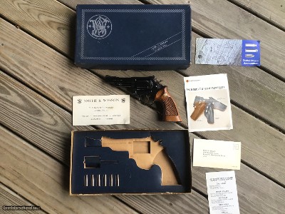 SMITH & WESSON 53-2, 22 MAGNUM, RARE 4” BARREL, TARGET GRIPS, LIKE NEW IN THE BOX WITH 22 JET INSERTS, OWNERS MANUAL, ETC.