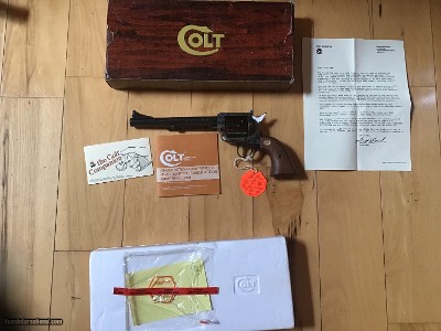 COLT SAA NEW FRONTIER 44-40 CAL. 7 1/2” BLUE BARREL WITH CASE COLORED FRAME, NEW UNFIRED IN THE BOX WITH OWNERS MANUAL, COLT LETTER, HANG TAG ETC.