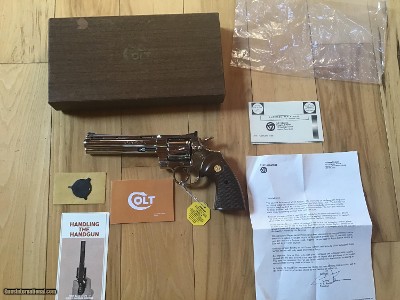 COLT PYTHON 357 MAGNUM 6” BRIGHT NICKEL, MFG. 1968, NEW IN THE BOX WITH OWNERS MANUAL, HANG TAG, COLT SCREW DRIVER, COLT LETTER, EVERY AND ALL PAPERS
