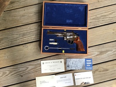 SMITH & WESSON 27-2, 357 MAGNUM 6 1/2” BRIGHT NICKEL, NEW IN FACTORY WOOD PRESENTATION CASE WITH OWNERS MANUAL ETC.
