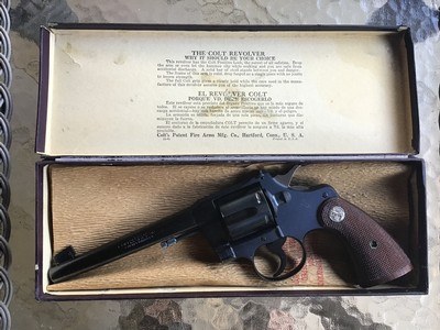 COLT OFFICERS MODEL 32 LC. CAL. 6” HEAVY BARREL, PATRIDGE SIGHTS MFG. 1939, APPEARS UNFIRED IN BOX