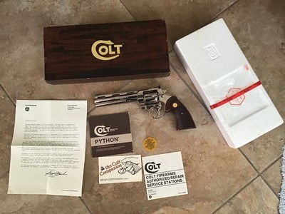 COLT PYTHON 357 MAGNUM, 6” BRIGHT NICKEL, NEW UNFIRED 100% COND. IN THE BOX WITH OWNERS MANUAL, HANG TAG, COLT LETTER, ETC. - Image 1 of 4