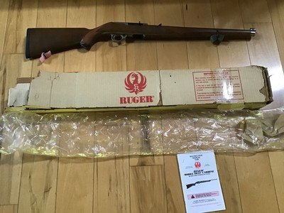 RUGER 10-22, 22LR. INTERNATIONAL CHECKEREDMANLICHER WALNUT STOCK, STAINLESS STEEL, NEW UNFIRED IN THE BOX WITH OWNERS MANUAL, ETC.