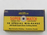 Collectible Ammo: Winchester Super Match .38 Special Mid-Range 148 grain Clean Cutting Bullet, Catalog No. 38SMRP, Bullseye (#6582) - 2 of 10