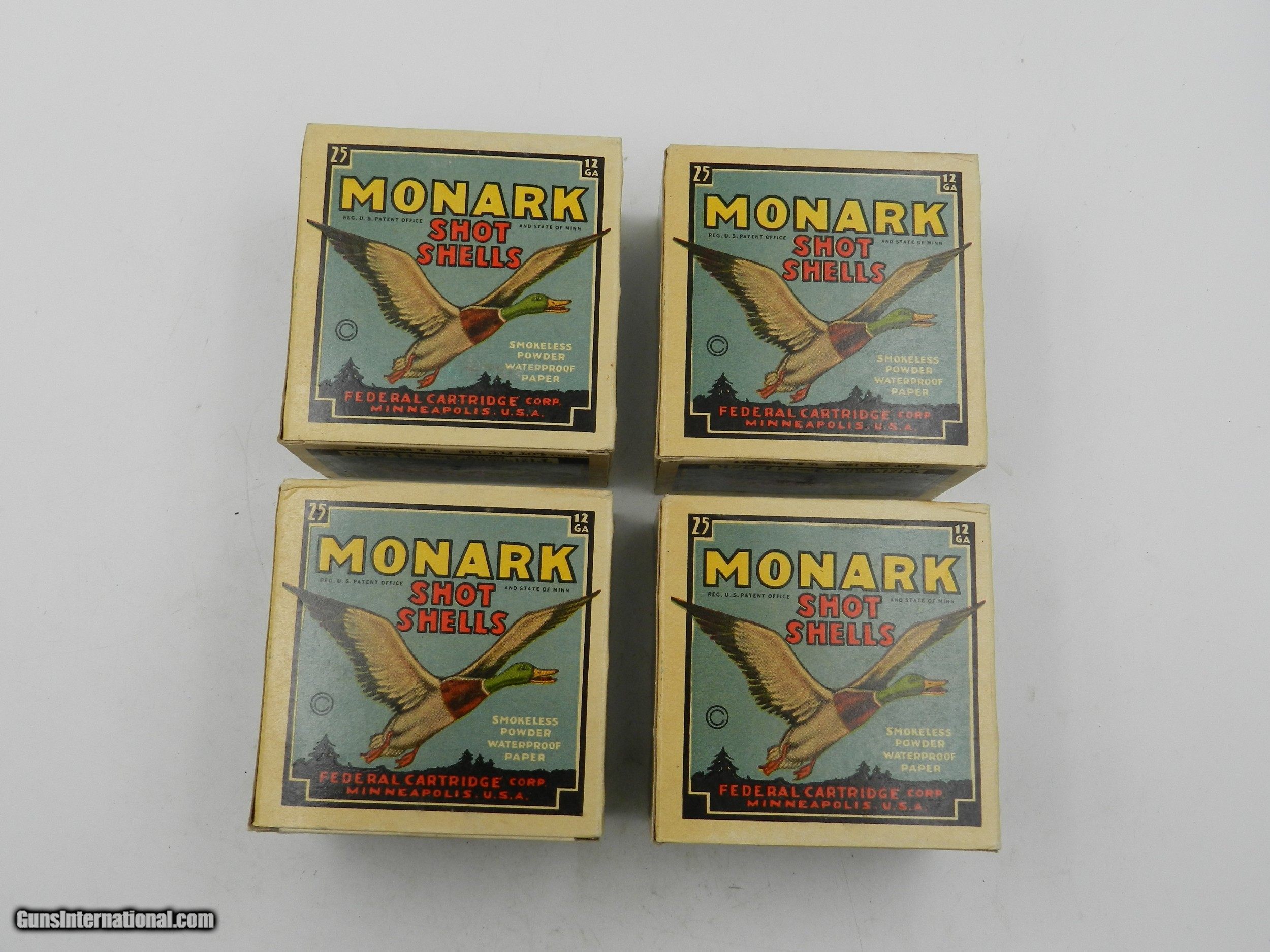 Collectible Ammo: Four U.S. Property Marked Boxes of Federal Monark, 12  Gauge, T121, Mallard Box, Excellent 6814