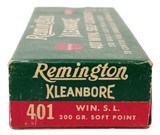 Collectible Ammo: Full Box Remington Kleanbore 401 Win. Self Loading .200 Gr. Soft Point Bullet No. 2140 - 2 of 9