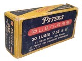 Collectible Ammo: Full Box Peters Rustless 30 Luger (7.65 m m.) 93 grain Metal Case Bullet Rustless No. 3052 - 1 of 7