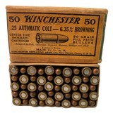 Collectible Ammo: Full Box 50 Rounds of Winchester .25 Automatic Colt Smokeless Full Patch #K2541T - 1 of 7