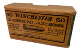 Collectible Ammo: Full Box 50 Rounds of Winchester .25 Automatic Colt Smokeless Full Patch #K2541T - 2 of 7