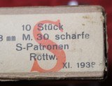 German Wartime 1938 Ammo 10 Stuck 8mm M. 30 Scharfe S-Patoonen Rottw. Rifle Rounds in box - 3 of 24
