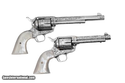 COLT PAIR SINGLE ACTION ARMY REVOLVERS .45 WITH MOTHER OF PEARL GRIPS