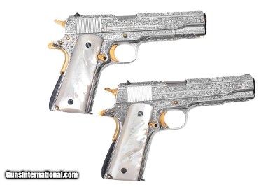 COLT PAIR 1911 GOVERNMENT MODEL SILVER & GOLD PLATED - .45 AUTO