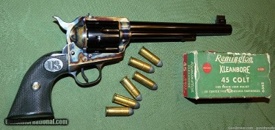 Unique USFA Flattop Target Model with Factory Oversize Wood Grips and Box .45 Long Colt Dome Blue/Color Case