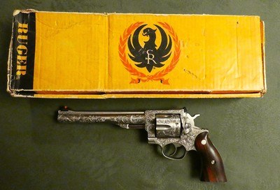 Hand Engraved Ruger Redhawk Pre Warning 1982 with Original Box, Stainless Double Action 7 1/2 Inch Barrel