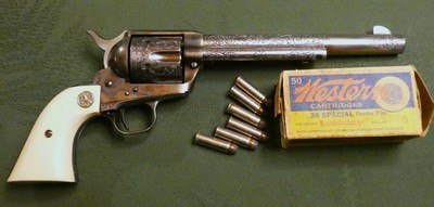 Hand Engraved Colt SAA Cased with Carved Ivory Grips 2nd Generation 1957