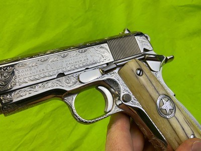 RARE Master Engraved D.W. Harris NICKEL COLT 1911 Combat Commander 45 ACP Texas Ranger Documented - Image 13 of 20