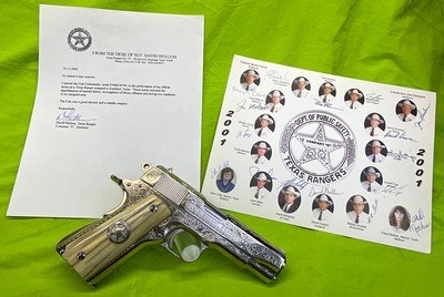 RARE Master Engraved D.W. Harris NICKEL COLT 1911 Combat Commander 45 ACP Texas Ranger Documented