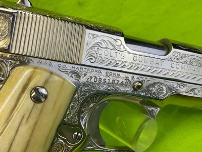 RARE Master Engraved D.W. Harris NICKEL COLT 1911 Combat Commander 45 ACP Texas Ranger Documented - Image 4 of 20