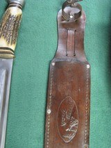 Large 17 1/2" Vintage Stag Handle Bowie Knife & Scabbard - 12 of 14