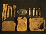 Dug Civil War Relics- Belt Buckle, 4 Brass Tent Rope Adjusters, Food Tins