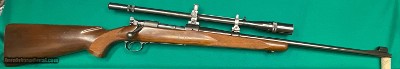 Pre-war M70 Winchester in 22 Hornet with 12X Unertl scope all in excellent condition.