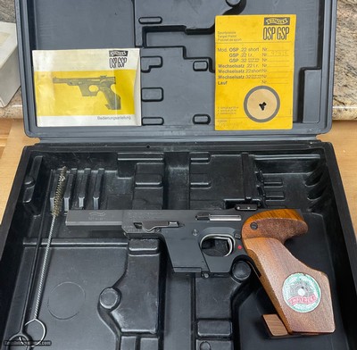 Walther GSP 22 LR in the box with extra clip and accessories.