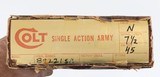 COLT
SINGLE ACTION ARMY 3RD GEN
NICKEL
7 1/2"
45 LC
1977
EXCELLENT
BOX - 14 of 14