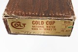COLT
1911 GOLD CUP NATIONAL MATCH
BLUED
5"
45 ACP
7
DIAMOND CHECKERED WOOD
EXCELLENT
1977
FACTORY BOX - 18 of 18
