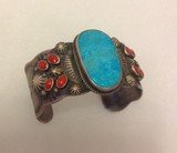 Vintage Navajo cuff bracelet, sterling silver, beautiful Jem grade turquoise & red coral - 1 of 12
