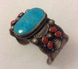 Vintage Navajo cuff bracelet, sterling silver, beautiful Jem grade turquoise & red coral - 2 of 12