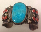 Vintage Navajo cuff bracelet, sterling silver, beautiful Jem grade turquoise & red coral - 3 of 12