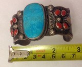 Vintage Navajo cuff bracelet, sterling silver, beautiful Jem grade turquoise & red coral - 5 of 12